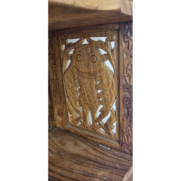 Vintage 16” Hand Carved Wood Folding Corner Display Shelf 2 Tier Owl India - Picture 5 of 16